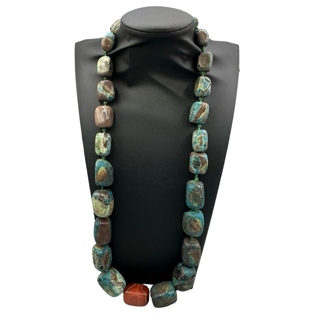 Phoebe's Chunky Mixed Stone Beaded Necklace Blue Brown Jasper Agate 26"